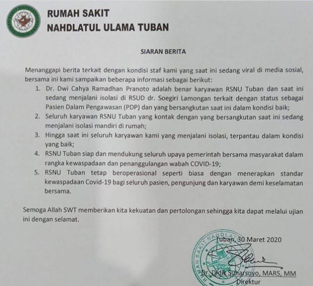 Dokter yang Dikabarkan Positif Covid-19 di RSNU Tuban Masih Berstatus PDP