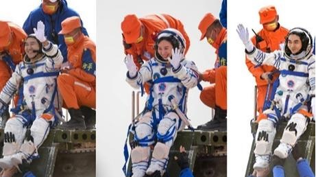 Zhai Zhigang, Ye Guangfu dan Wang Yaping, tiga astronot China yang berhasil kembali ke Bumi setelah 183 hari di luar angkasa. Foto: CCTV.