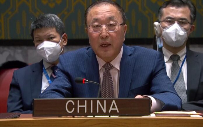 Zhang Jun, perwakilan tetap China untuk PBB saat bicara di hadapan Dewan Keamanan PBB pada 6 Januari 2023. Foto: Twitter Zhang Jun.