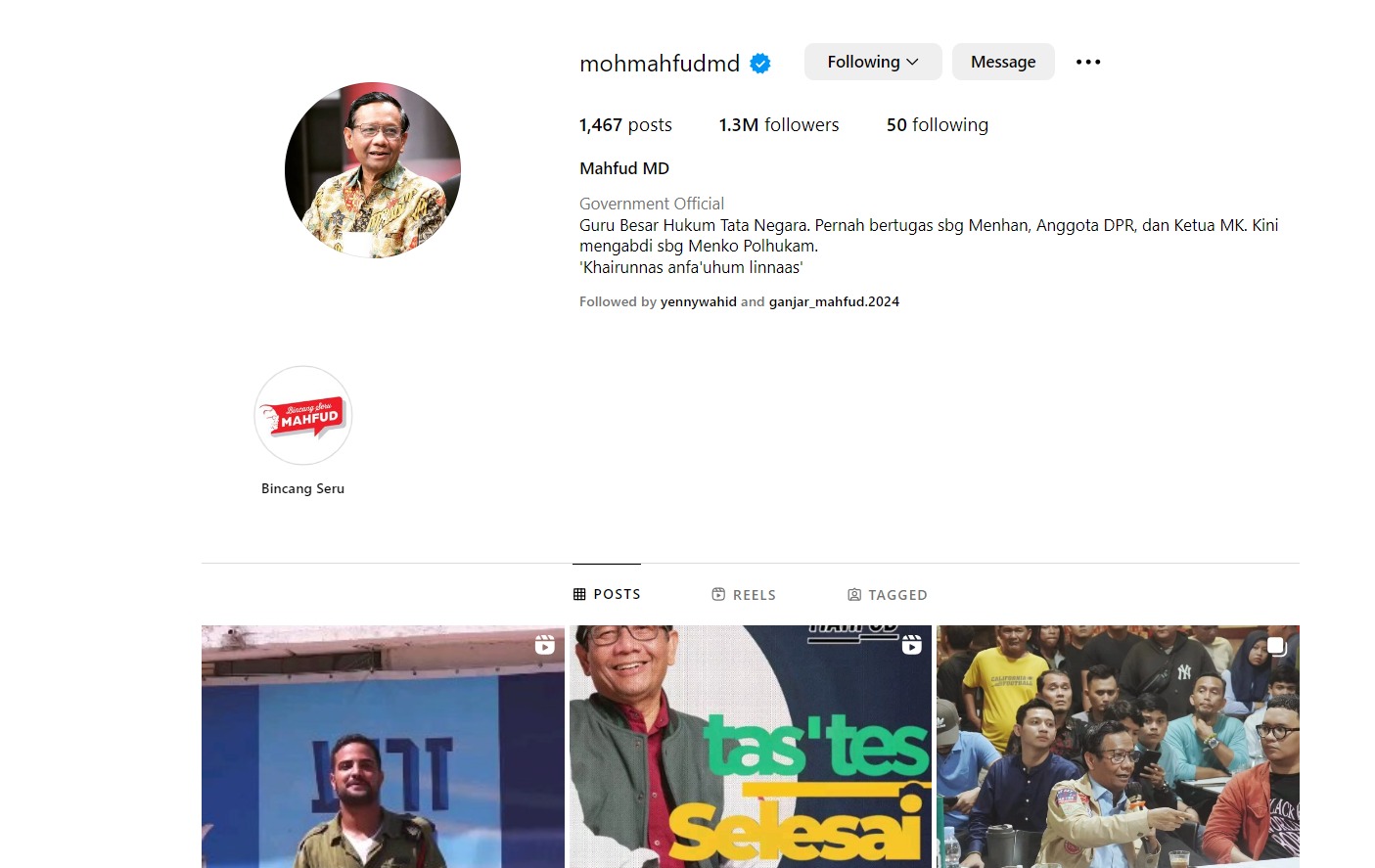 tangkapan layar akun instagram Mahfud MD