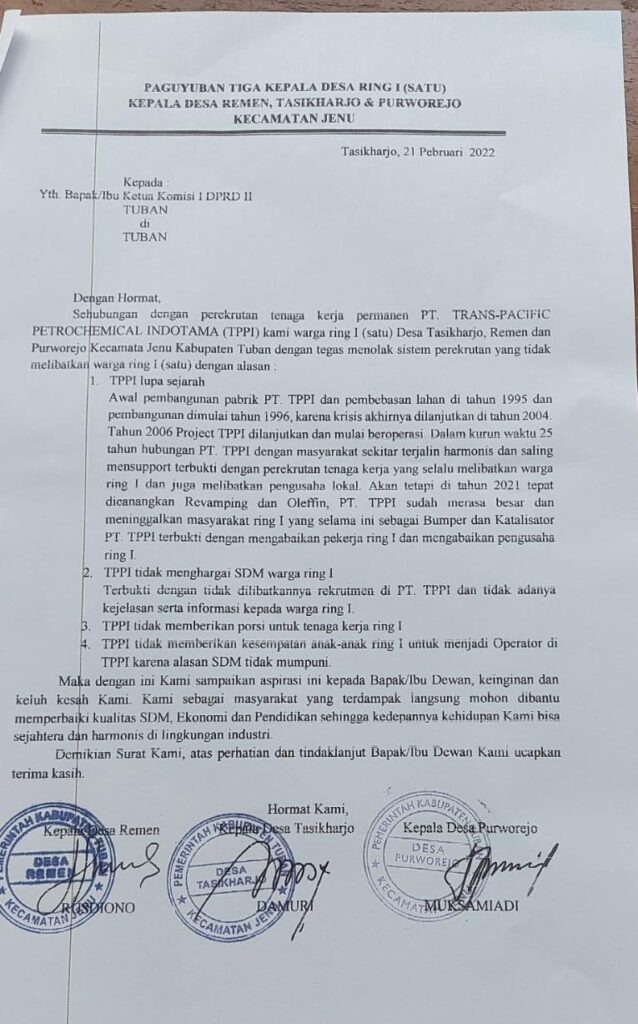 TPPI Tak Berpihak pada Warga Ring Satu, Paguyuban Tiga Kades Layangkan Surat ke DPRD Tuban