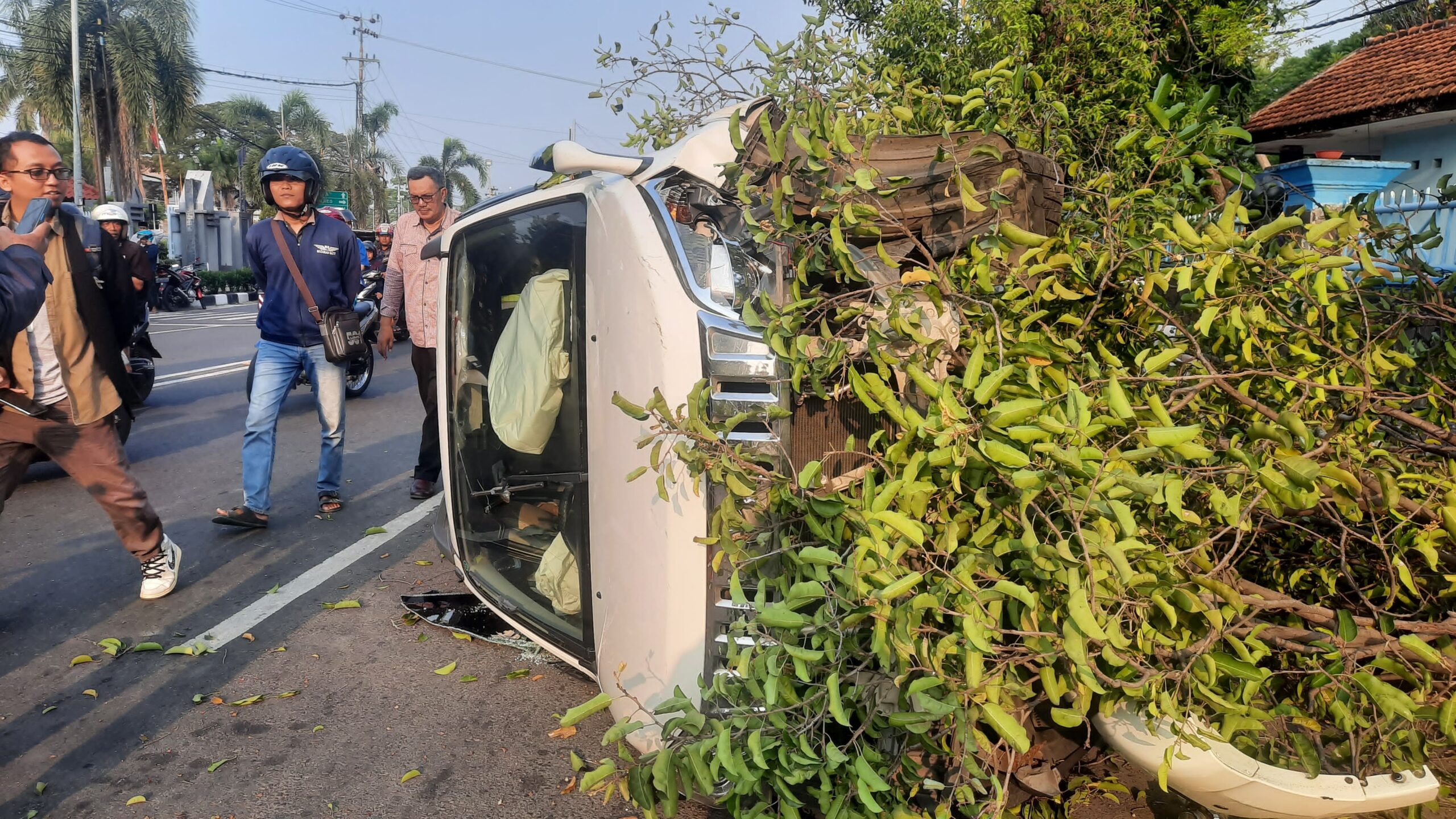 Diduga Tak Fokus, Mobil Tabrak Pohon dan Terguling di Depan Kantor DPRD Tuban